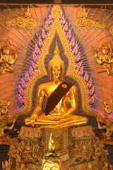 Phra Phutha Sukhothai is Buddha image, the principal Buddha statue in the Ordination hall of Wat Pariwat Ratchasongkhram at Bangkok capital city in Thailand.