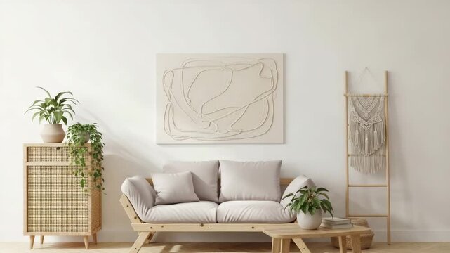 Minimalist living room with wooden sofa and plants on a wooden table against a white background with a painting