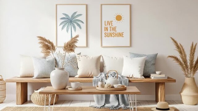 Minimalist living room with wooden bench and pillows and a teapot on the coffee table