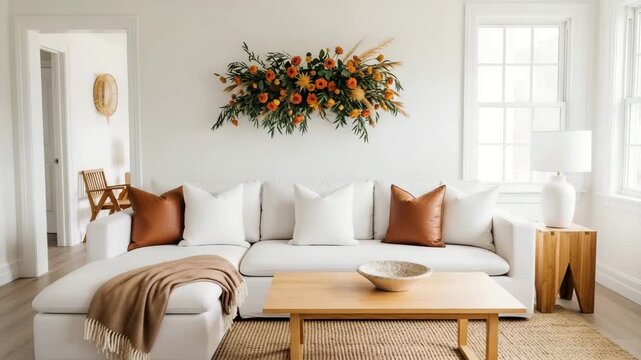 Modern living room with white couch and orange pillows and a coffee table in a bright and airy space with a floral wall decoration