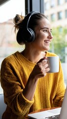 Fototapeta premium Smiling caucasian woman wearing headphones while drinks from a coffee mug and working on a laptop by a window.