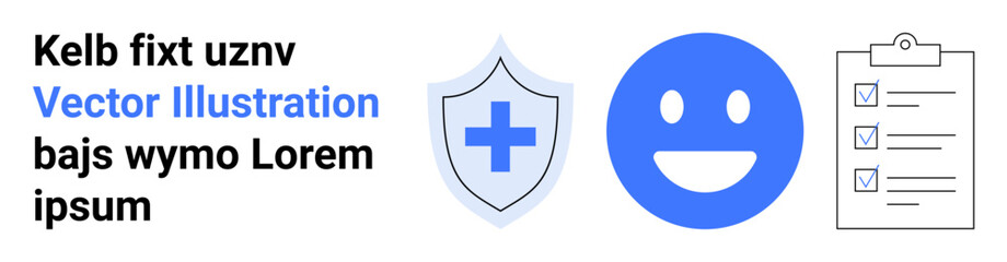 Obraz premium Healthcare, wellness, safety measures, task management, positivity, medical . Shield with medical cross, happy face and checklist icons. Healthcare and wellness visualization