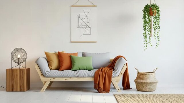 Modern living room with wooden futon, hanging plant, and woven basket on a white background