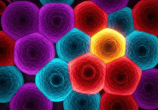 Hyperrealistic SEM-Style Microbial Cell Colony with Bioluminescent False-Color Lighting