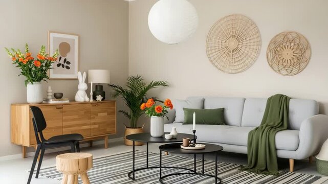 Stylish living room with gray sofa and wooden coffee table on beige background