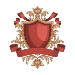 Obraz premium Red shield with gold crest and flowing ribbons banner isolated on a transparent background