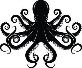 Black octopus silhouette illustration with ornate tentacles, sea creature vector icon isolated on white background for tattoo design, logo branding, marine art and nautical themes © MstRuna