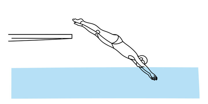 A simple line drawing of a person diving from a springboard into a blue pool of water. isolated on white background, Vector, illustration