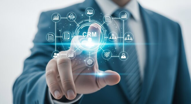 Businessman hand touching virtual CRM interface with digital customer relationship management data, business marketing strategy growth concept and service success analysis technology.