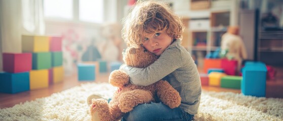 The child hugging a teddy bear in a brightly lit playroom