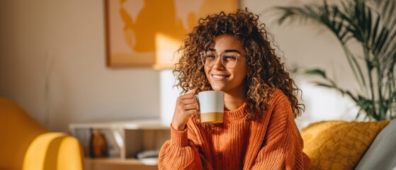The woman with curly hair enjoying a warm drink in cozy living room sunlight