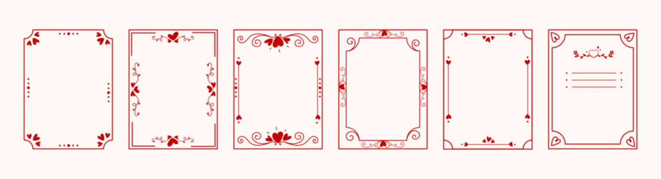 Set of hand drawn frames card templates with elegant heart and floral borders in romantic style, for Valentines Day cards, love letters, wedding invitations, romantic notes, print stationery. Vector