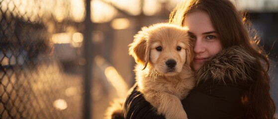 The Golden Retriever Puppy and Woman Embracing at Sunset by Chain-Link Fence
