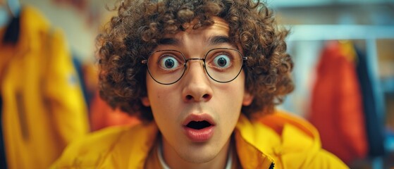 The Surprised Young Man in a Yellow Jacket With Curly Hair and Glasses