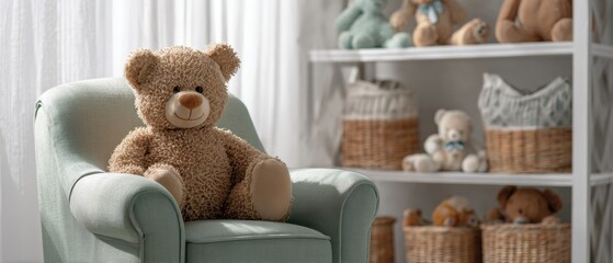The Teddy Bear on a Mint Armchair in a Cozy Nursery with Baskets