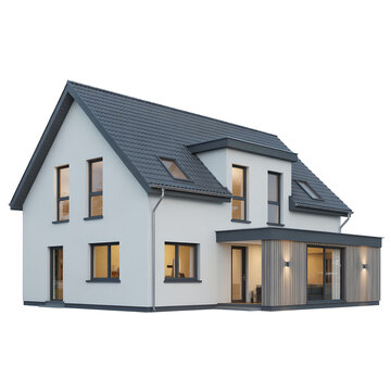 A modern two story house with a gray roof and white exterior illuminated windows suggest a cozy interior scene high-quality.