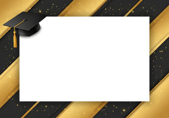 A graduation card with a black and gold background and a white space for a message