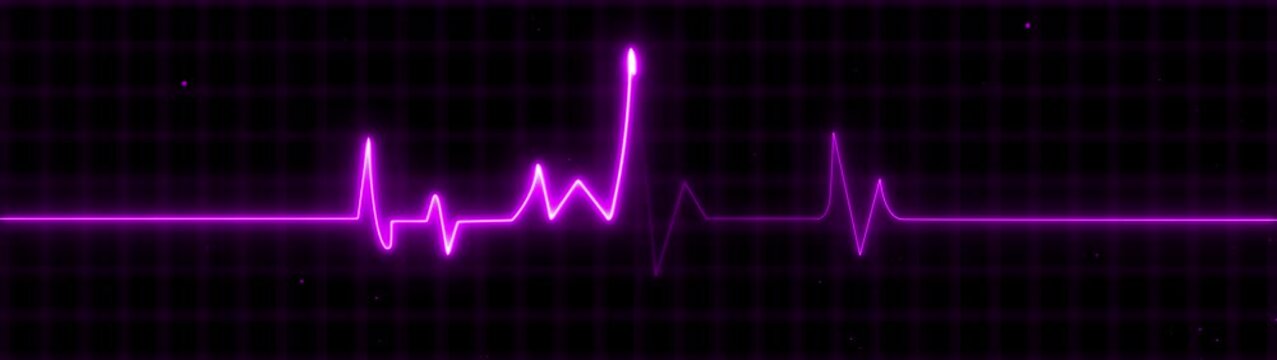 Purple Neon E C G Heartbeat Line Graph on Dark Background with Grid Pattern and Glowing Dots electrocardiogram
