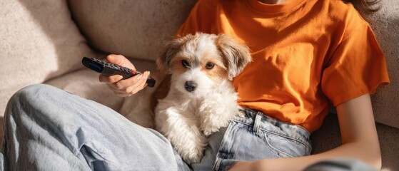 The puppy cuddled on a sofa beside a person holding a TV remote