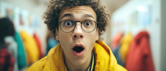 The young man in a yellow jacket with a shocked expression in coatroom