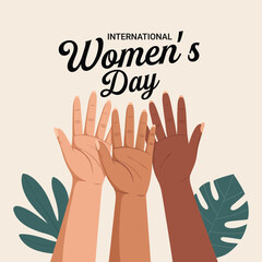 Fototapeta premium International women day illustration with diverse female hands raised up