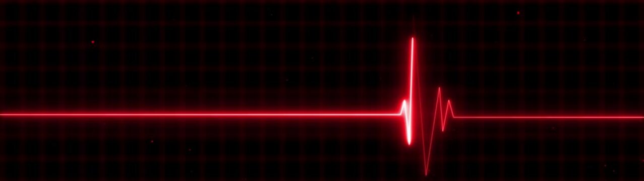 Red E C G heartbeat line graph on black background with grid pattern and particles electrocardiogram