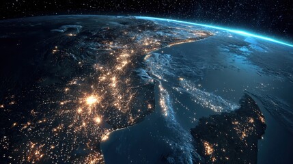 Earth at night from space with bright city lights