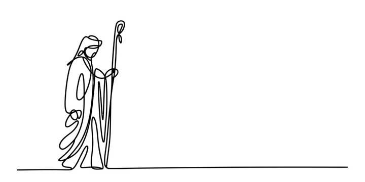 Minimalist continuous line drawing of a shepherd figure holding a staff walking on a flat horizon isolated on white background, Vector, illustration