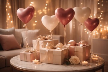 Elegant Valentine&rsquo;s Day Table Decor with Heart Balloons, Gift Boxes, and Warm Candlelight