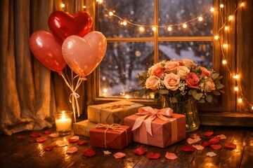 Romantic Valentine&rsquo;s Day Still Life with Heart Balloons, Gift Boxes, Flowers, and Candlelight by the Window