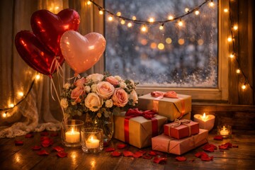 Romantic Valentine&rsquo;s Day Still Life with Heart Balloons, Gift Boxes, Flowers, and Candlelight