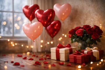Romantic Valentine&rsquo;s Day Still Life with Heart Balloons, Gift Boxes, and Red Roses
