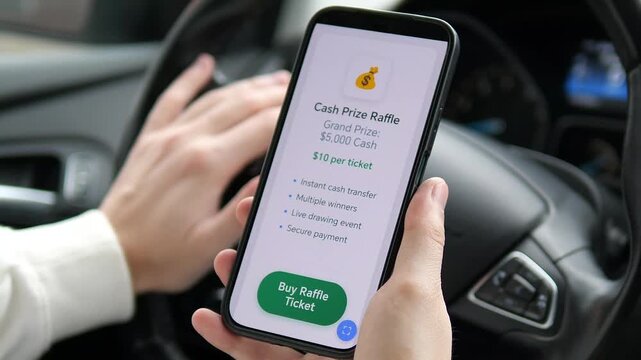 Seamless digital transaction: buying a raffle ticket on a smartphone. Features clean Buy UI and successful interaction. Ideal for fintech, app marketing, and digital payment demos. Captures the ease