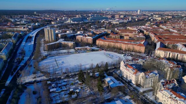 Berlin urban landscape winter football field. dBest aerial view rone