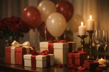 Romantic Valentine&rsquo;s Day Table Decor with Gift Boxes, Balloons, and Candlelight