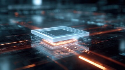 Futuristic microchip digital circuit board glowing