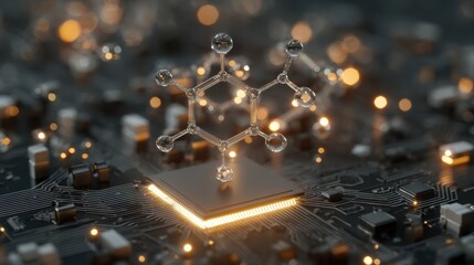 Futuristic molecule on glowing computer chip