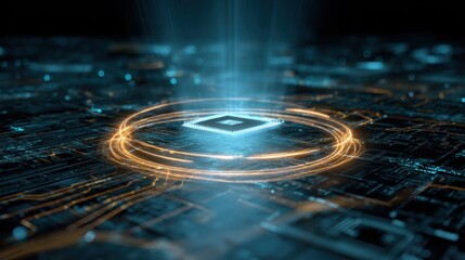 Futuristic microchip glowing with digital energy