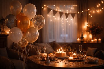Romantic Evening Table Setup with Balloons, Candles, and Warm String Lights
