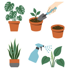 Indoor Plant Care Set With Potted Plants Water Spray Gardening Tools Houseplants Growing Concept Botanical Collection flat vector illustration