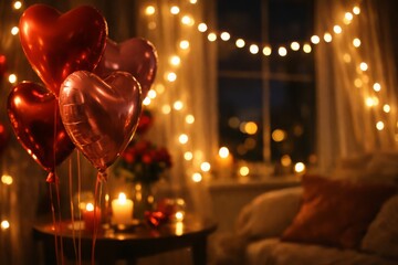 Romantic Valentine&rsquo;s Day Interior with Heart Balloons, Candles, and Warm Fairy Lights