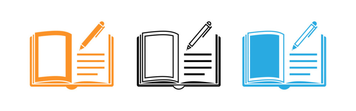 Book and pencil icons in orange black and blue