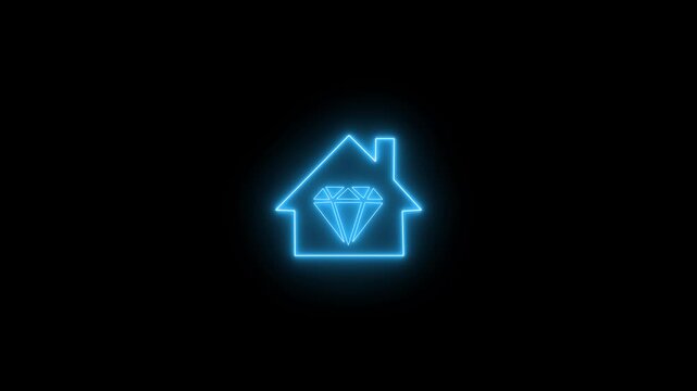 Glowing neon diamond icon animation, representing wealth, luxury, high-end products, Home icon house sign neon lights animation with up arrow diamond stone icon. 4K video animation.