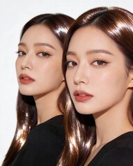 Fototapeta premium Two young Asian women with long brown hair and brown eyes looking directly at camera with confident expressions