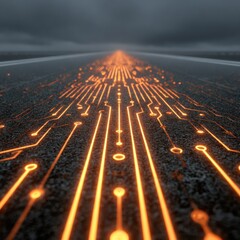 Glowing circuit board pathway leading to future