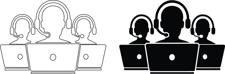 Customer Support Team Icons with Headset and Laptop - Online Call Center Agents Vector Illustration