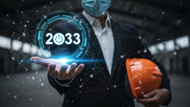 Masked man in a suit holds a hard hat, with 2033 in a glowing digital circle.