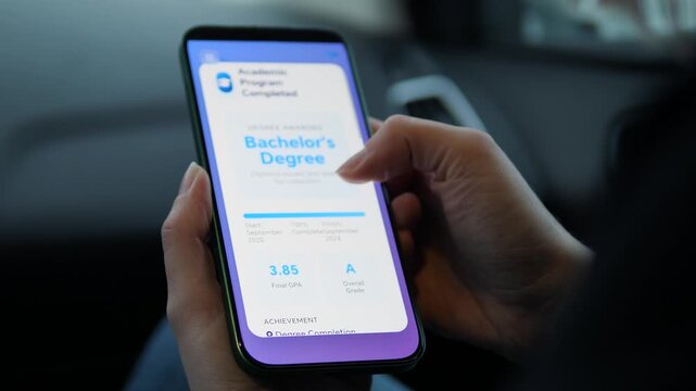 Digital EdTech: student checks final university results and degree status on smartphone. UI displays Bachelor's Degree Awarded with honors in engineering. Ideal for online education, graduation promos
