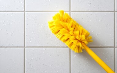 Simple Bathroom Grout Cleaning Brush and Water Droplets on White Tiles