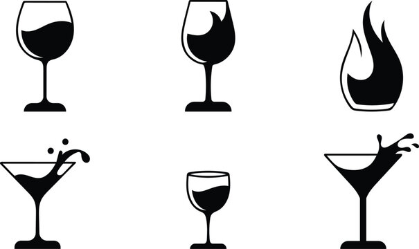 Collection of abstract vector icons representing different types of alcoholic drinks in glasses with liquid splashes and a flame symbol for alcoholic beverages